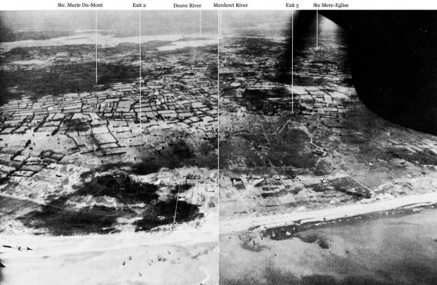 A reconnaissance aircraft photograph of “Utah” beach on the morning of D-Day. The image annotated and was turned into a two-page spread published in Gordon Harrison’s Cross-Channel Attack, pg 306-307, published by the Department of the Army in 1951.
